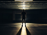 Mann steht in einem dunklen Raum