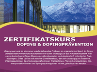 Grafik zeigt das Logo und einen kurzen Beschreibungstext zum Zertifikatskurs Doping & Dopingprävention